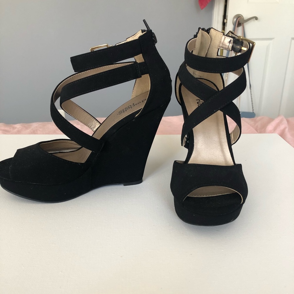 Black strappy wedge heels with zip back